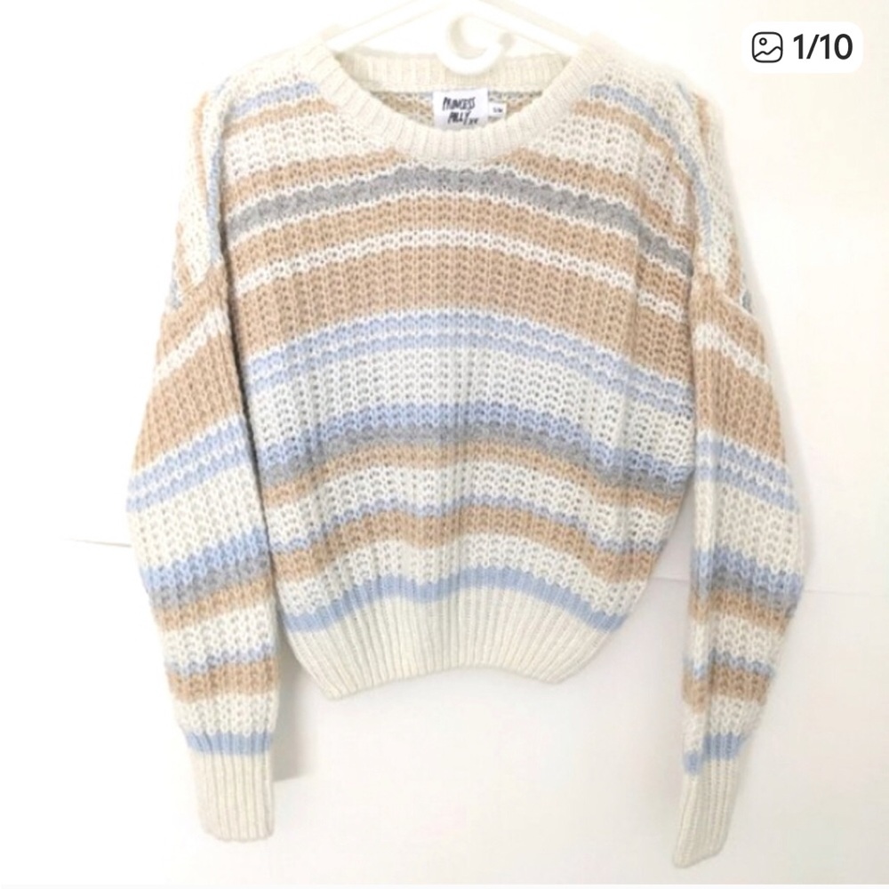 Princess Polly Oversize Cropped Sweater Small Off-White Beige Blue Stripe Womens